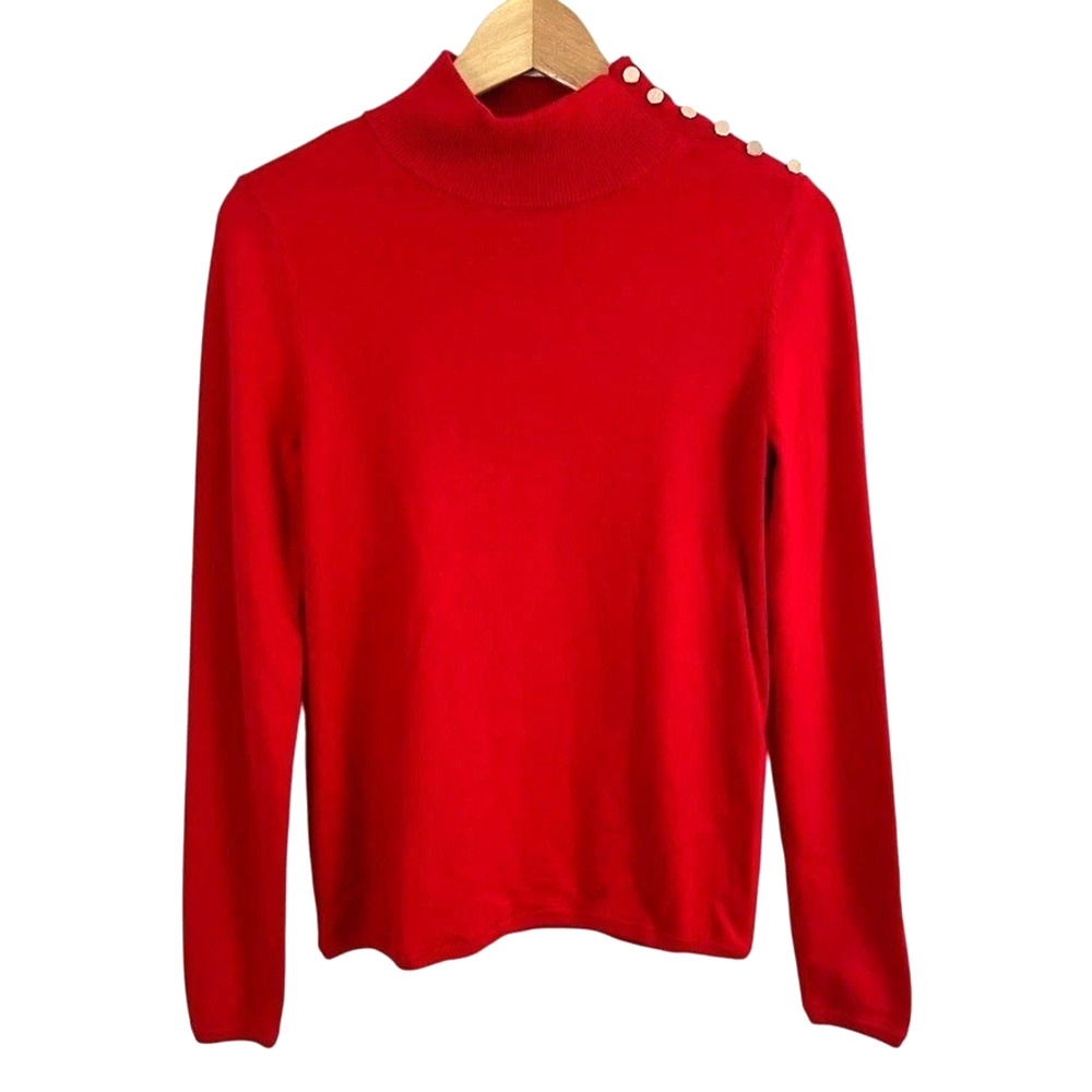 Ann Taylor High Neck Red Sweater Gold Shoulder Buttons Women Size XL